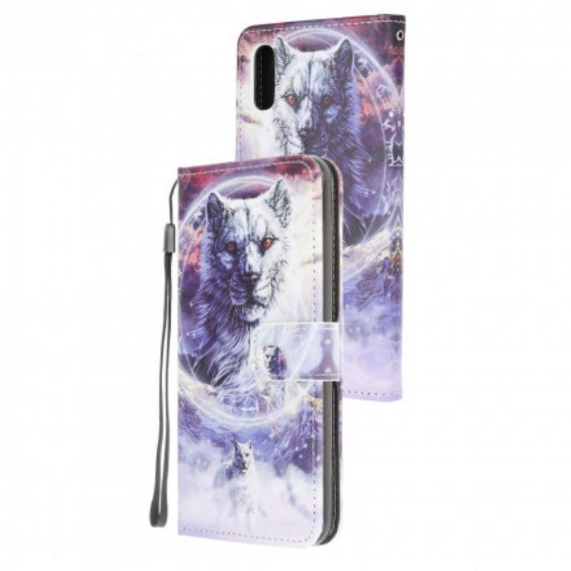 Lederhüllen Samsung Galaxy Xcover 5 Handyhülle Wolf Im Winter Mit Lanyard