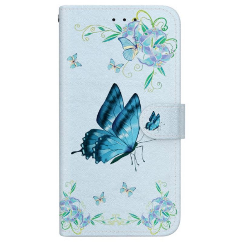 Lederhüllen Für Xiaomi Redmi Note 14 4g Blauer Schmetterling Und Blumen