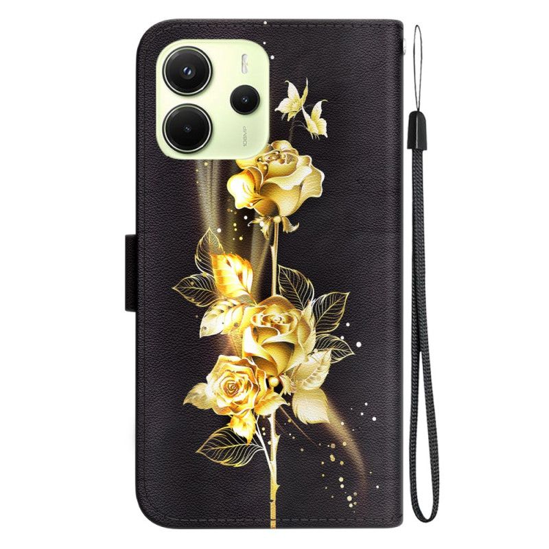 Lederhüllen Für Xiaomi Redmi Note 14 4g Goldene Und Rosa Schmetterlinge