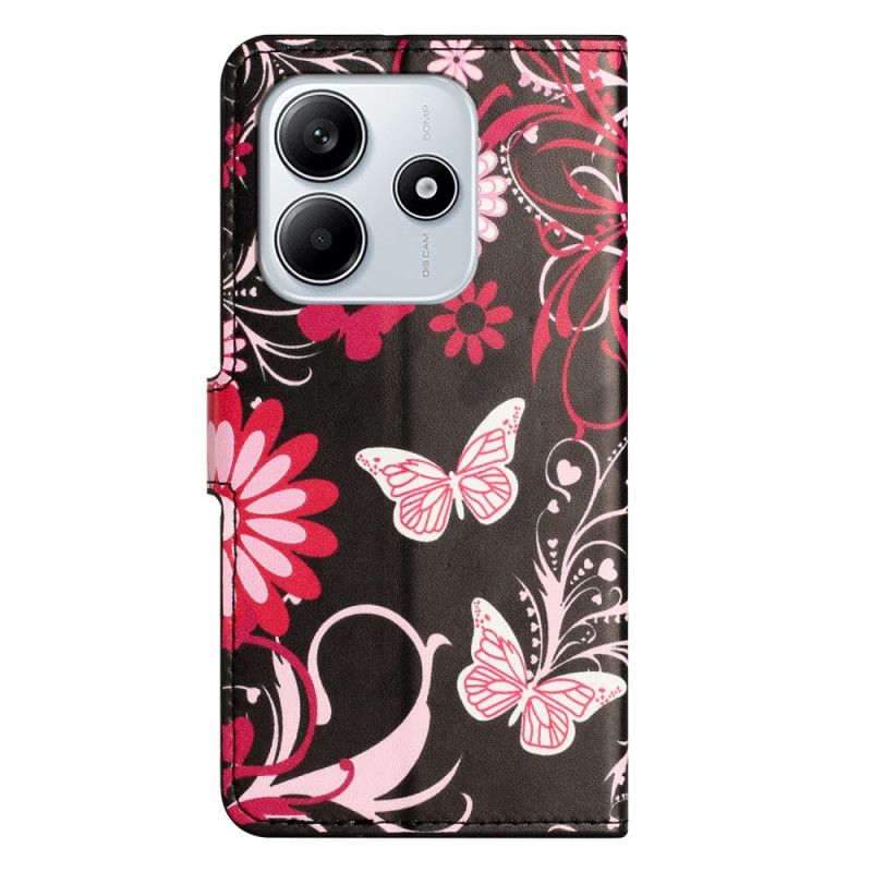 Lederhüllen Xiaomi Redmi Note 14 4g Handyhülle Schmetterlinge Auf Schwarzem Hintergrund
