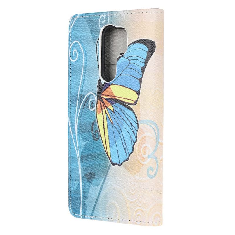 Lederhüllen Für Xiaomi Redmi 9 Blauer Und Gelber Schmetterling