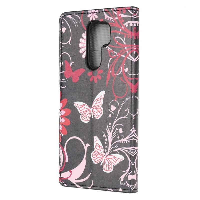 Lederhüllen Für Xiaomi Redmi 9 Schwarz Schmetterlinge Und Blumen