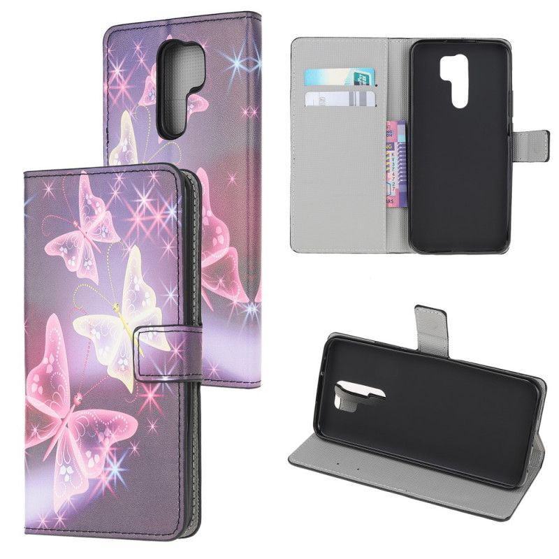 Lederhüllen Für Xiaomi Redmi 9 Schwarz Schmetterlinge Und Blumen