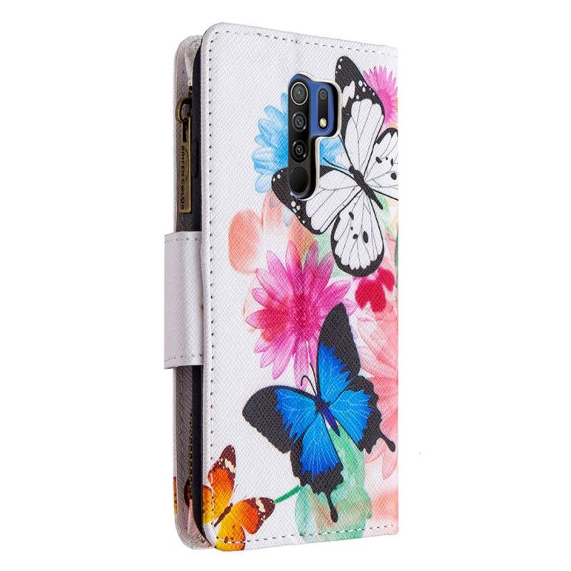 Lederhüllen Für Xiaomi Redmi 9 Schwarz Schmetterlings-Reißverschlusstasche