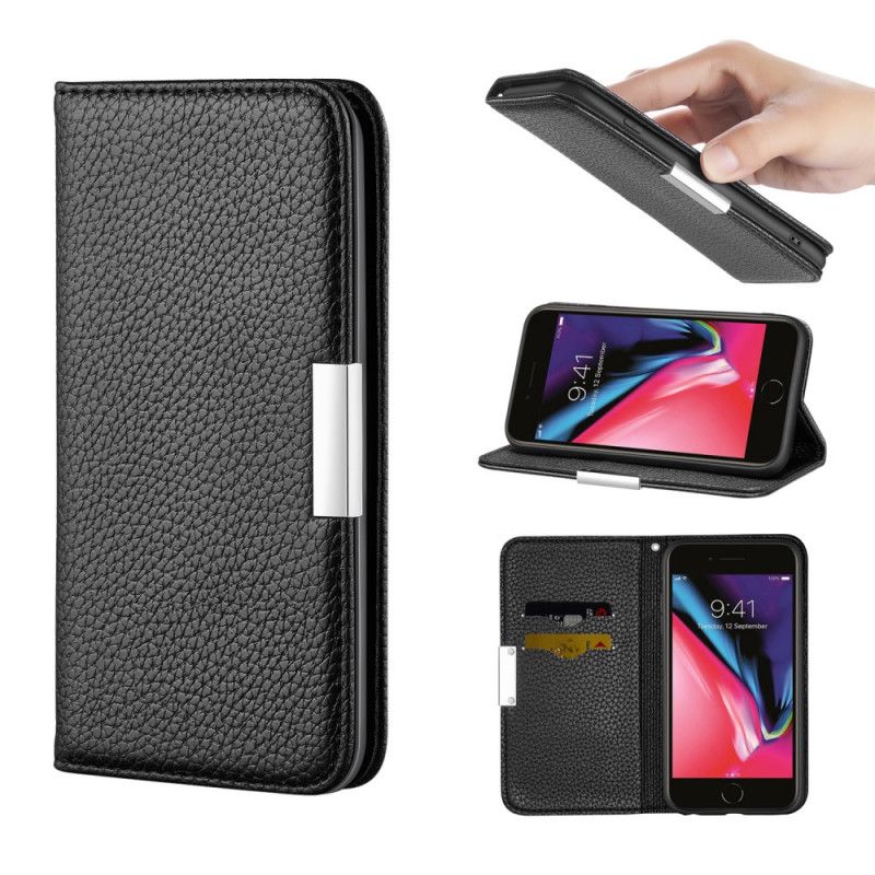 Flip Case Für iPhone 7 / 8 / SE 2 Schwarz Ultra Schickes Litschi-Kunstleder