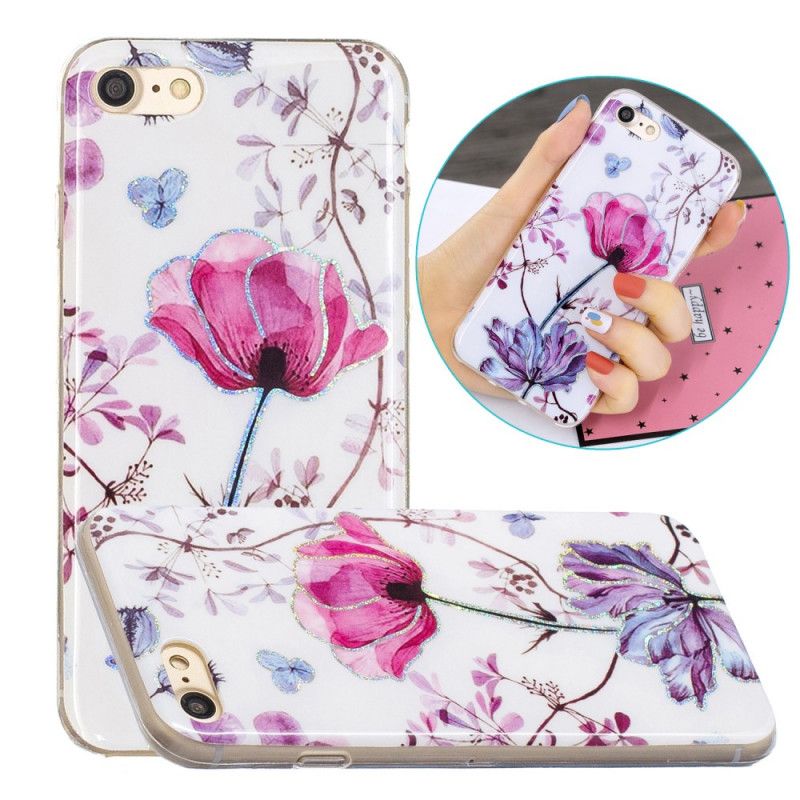 Hülle iPhone 7 / 8 / SE 2 Weiß Blumen Mit Glitzer-Design