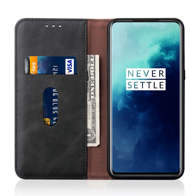 Flip Case Für OnePlus 7T Schwarz Genähter Ledereffekt