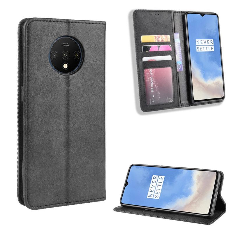 Flip Case OnePlus 7T Schwarz Stilisierter Vintage-Ledereffekt