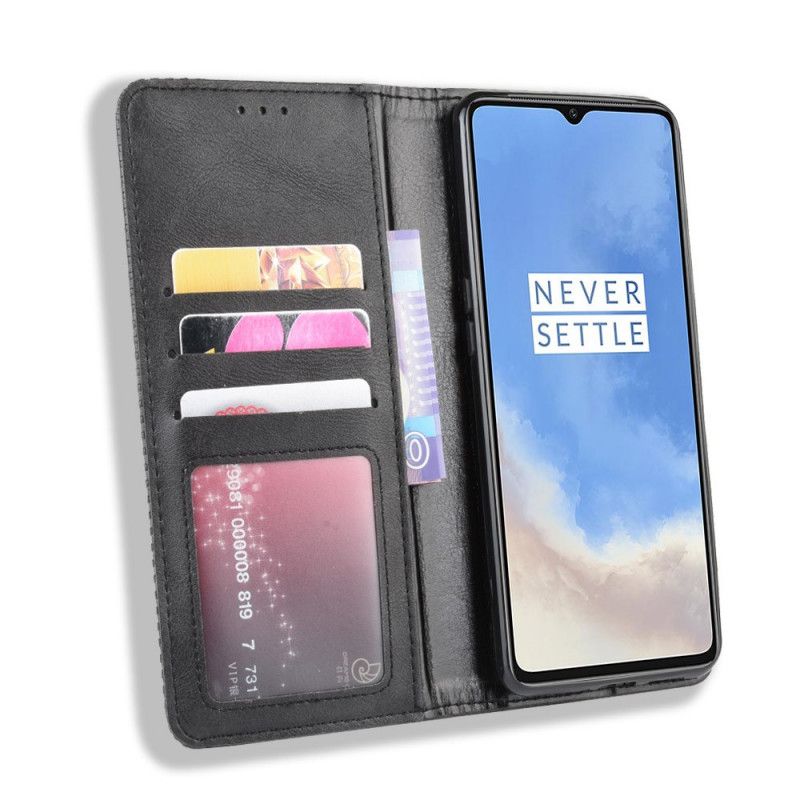 Flip Case OnePlus 7T Schwarz Stilisierter Vintage-Ledereffekt