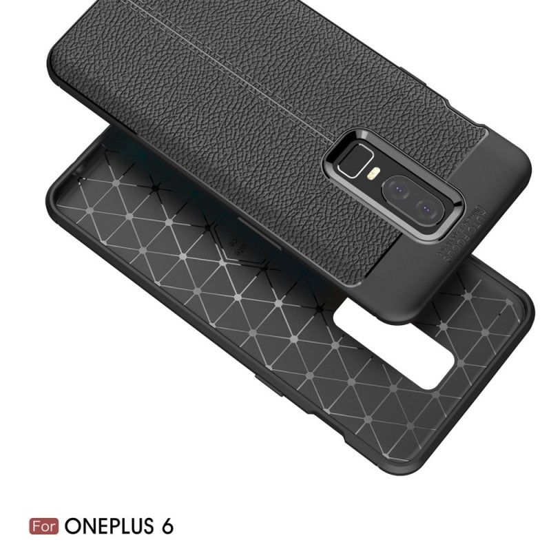 Hülle OnePlus 6 Schwarz Doppellinien-Litschileder-Effekt