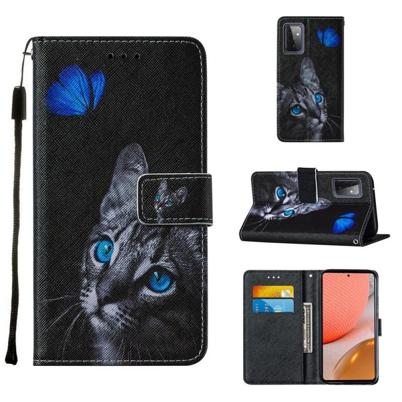 Lederhüllen Samsung Galaxy A72 4G / A72 5G Katze Und Blauer Schmetterling