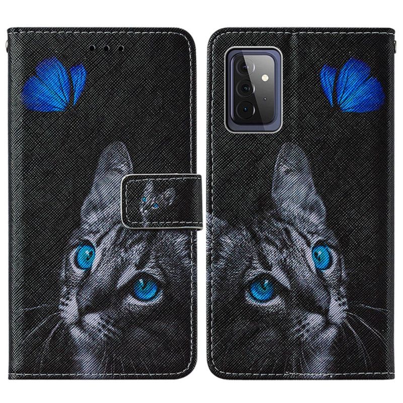 Lederhüllen Samsung Galaxy A72 4G / A72 5G Katze Und Blauer Schmetterling