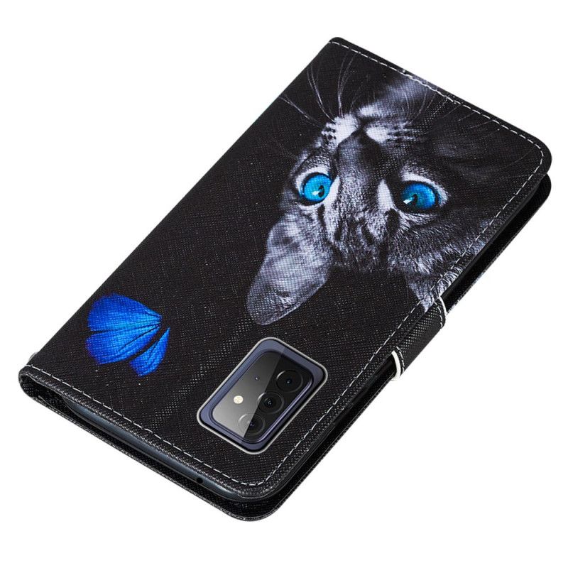 Lederhüllen Samsung Galaxy A72 4G / A72 5G Katze Und Blauer Schmetterling