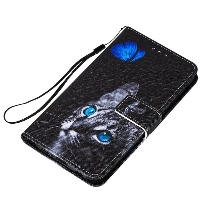 Lederhüllen Samsung Galaxy A72 4G / A72 5G Katze Und Blauer Schmetterling