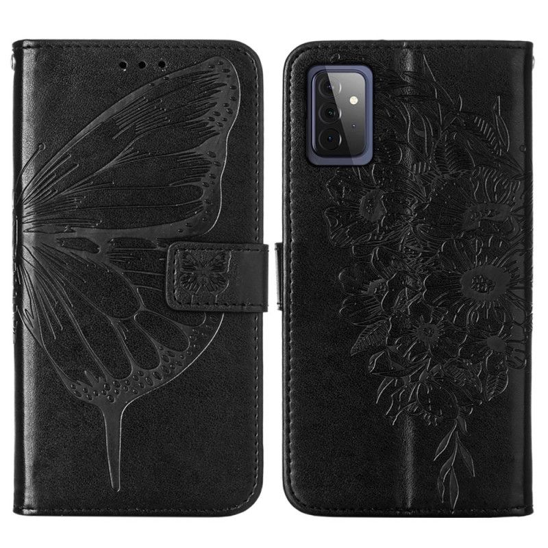 Lederhüllen Samsung Galaxy A72 4G / A72 5G Schwarz Designer-Schmetterling Mit Riemen