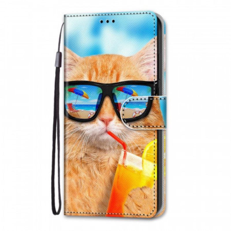 Flip Case Für Samsung Galaxy M53 5G Mit Kordel Strappy Star Cat