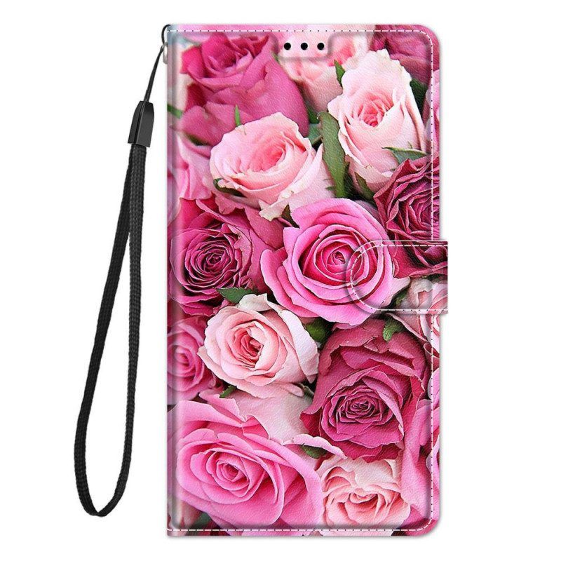 Flip Case Für Samsung Galaxy M53 5G Rosen Mit Schlüsselband