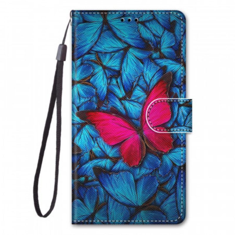 Flip Case Für Samsung Galaxy M53 5G Roter Schmetterling. Blauer Hintergrund