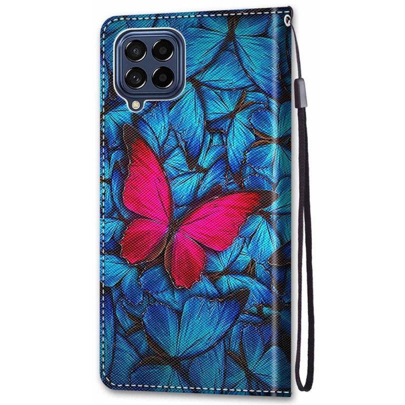 Flip Case Für Samsung Galaxy M53 5G Roter Schmetterling. Blauer Hintergrund