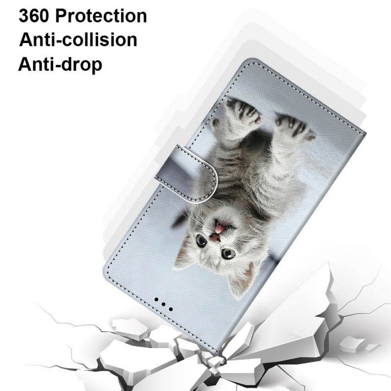 Lederhüllen Für Samsung Galaxy M53 5G Mit Kordel Graues Kätzchen Mit Riemen