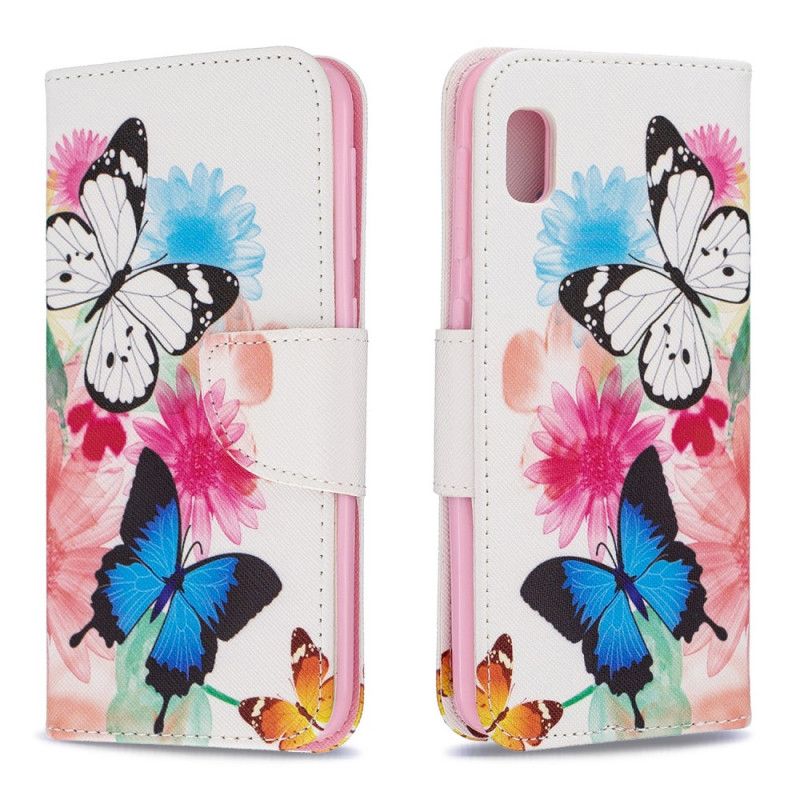 Lederhüllen Samsung Galaxy A10E Magenta Bemalte Schmetterlinge Und Blumen