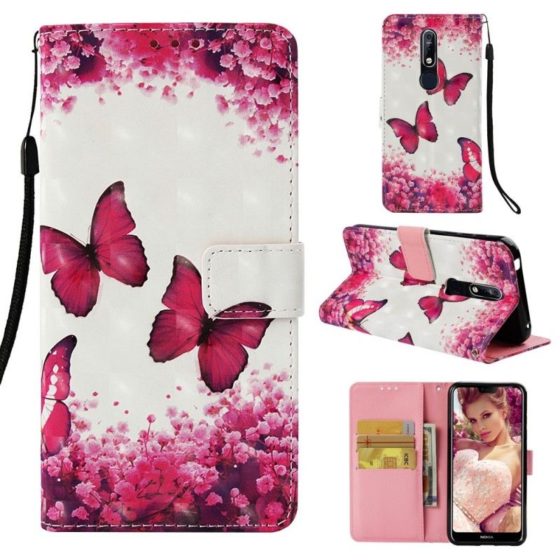 Lederhüllen Für Nokia 7.1 Rote Schmetterlinge
