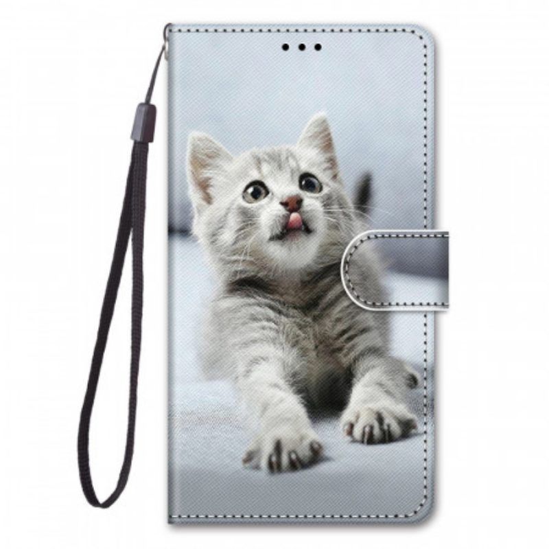 Flip Case Für Xiaomi Redmi Note 11 Pro Plus 5G Mit Kordel Graues Kätzchen Mit Riemen