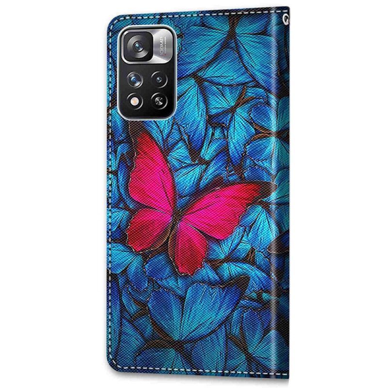 Lederhüllen Für Xiaomi Redmi Note 11 Pro Plus 5G Roter Schmetterling. Blauer Hintergrund
