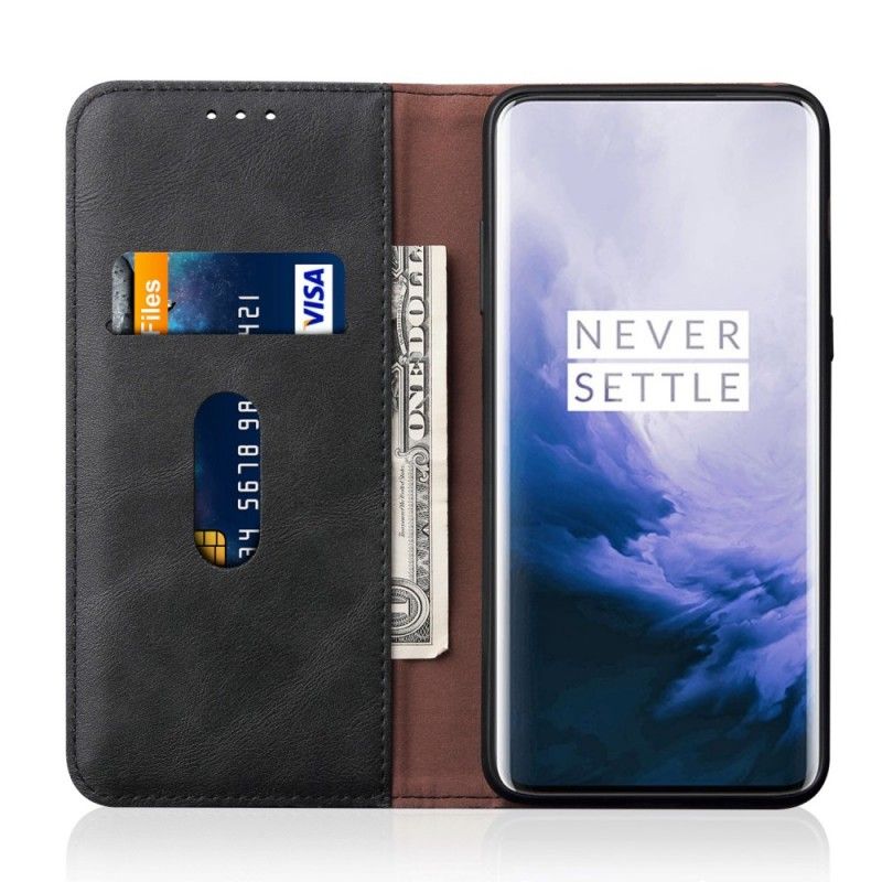 Flip Case OnePlus 7 Pro Schwarz Handyhülle Genähter Ledereffekt