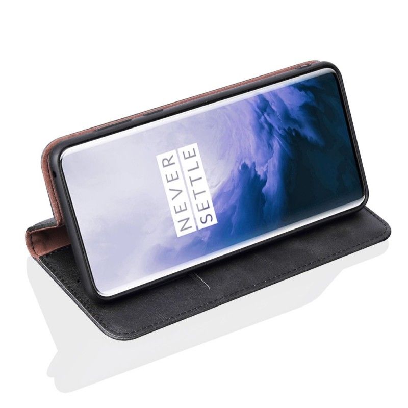 Flip Case OnePlus 7 Pro Schwarz Handyhülle Genähter Ledereffekt