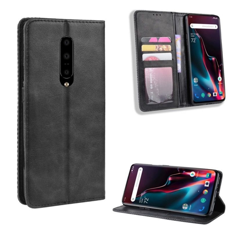 Flip Case OnePlus 7 Pro Schwarz Stilisierter Vintage-Ledereffekt