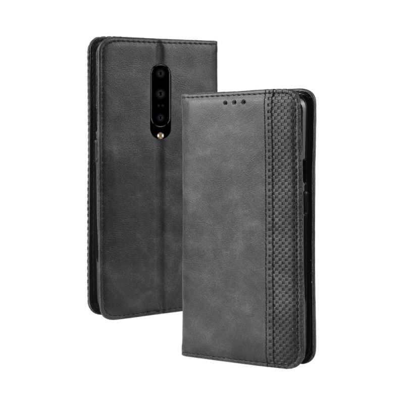 Flip Case OnePlus 7 Pro Schwarz Stilisierter Vintage-Ledereffekt