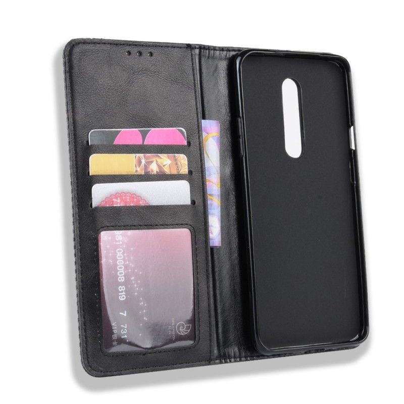 Flip Case OnePlus 7 Pro Schwarz Stilisierter Vintage-Ledereffekt