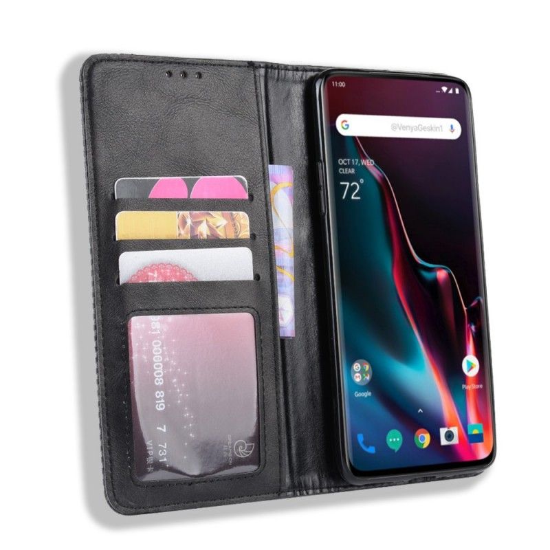 Flip Case OnePlus 7 Pro Schwarz Stilisierter Vintage-Ledereffekt