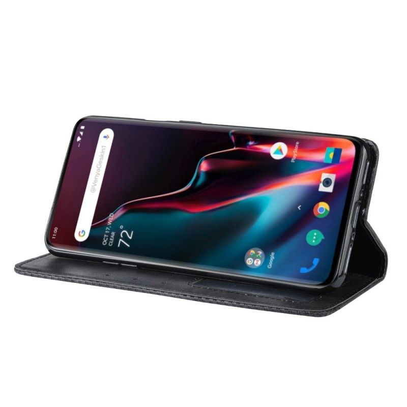 Flip Case OnePlus 7 Pro Schwarz Stilisierter Vintage-Ledereffekt