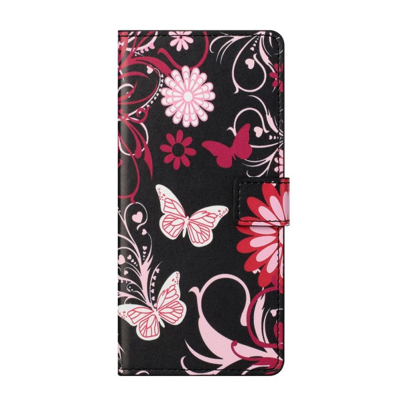 Lederhüllen Honor 10X Lite Schwarz Schmetterlinge Und Blumen