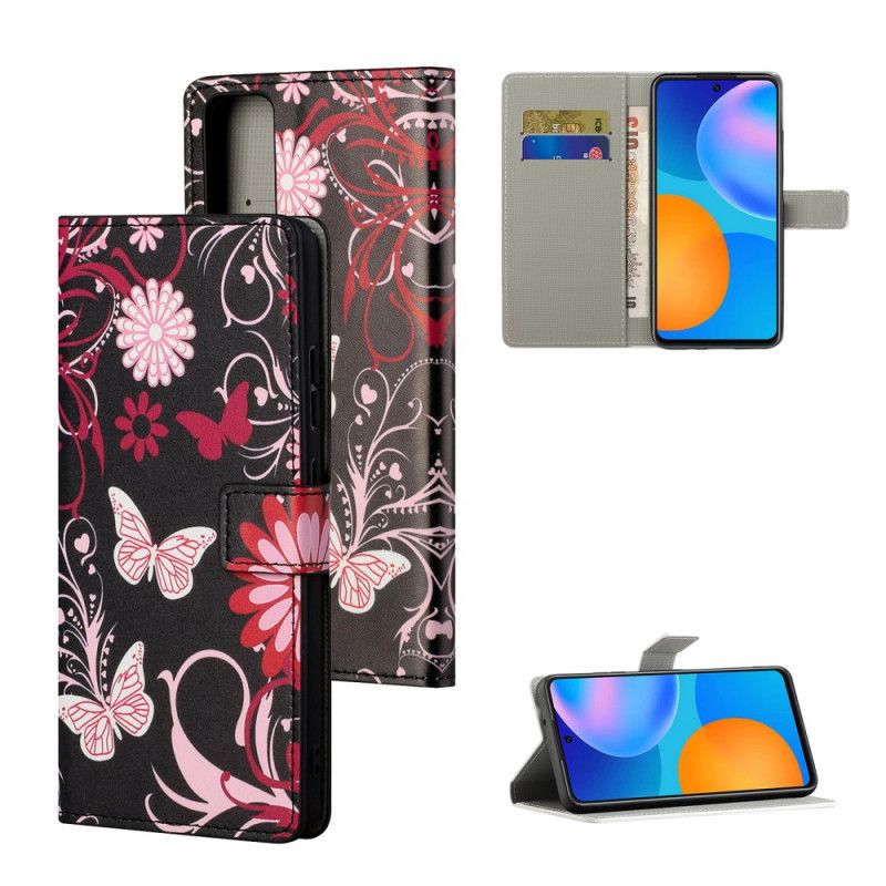 Lederhüllen Honor 10X Lite Schwarz Schmetterlinge Und Blumen