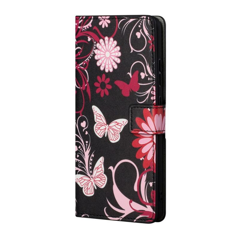 Lederhüllen Honor 10X Lite Schwarz Schmetterlinge Und Blumen