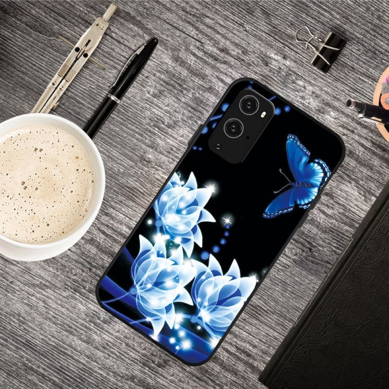 Hülle Für OnePlus 9 Pro Schmetterling Und Blaue Blüten