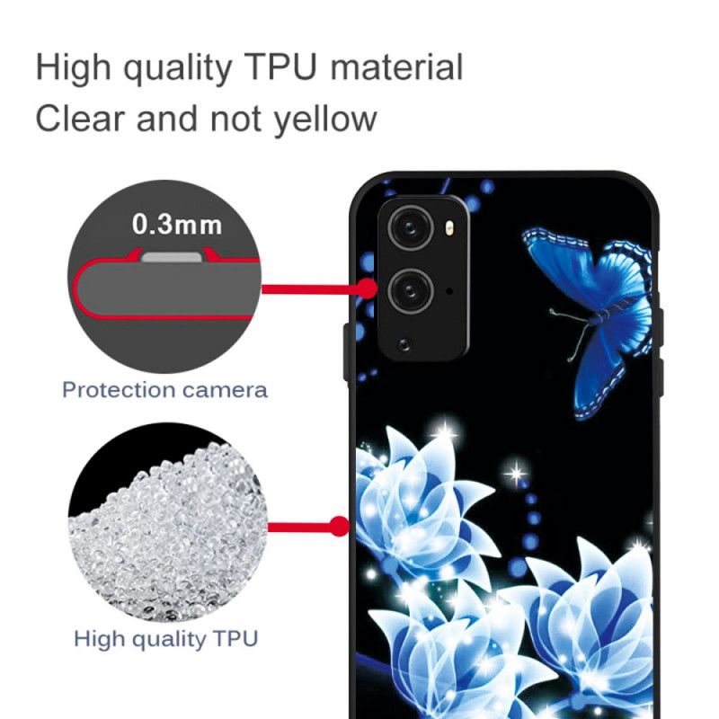 Hülle Für OnePlus 9 Pro Schmetterling Und Blaue Blüten