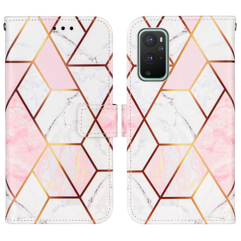 Lederhüllen OnePlus 9 Pro Pink Geometrischer Marmor Mit Armband