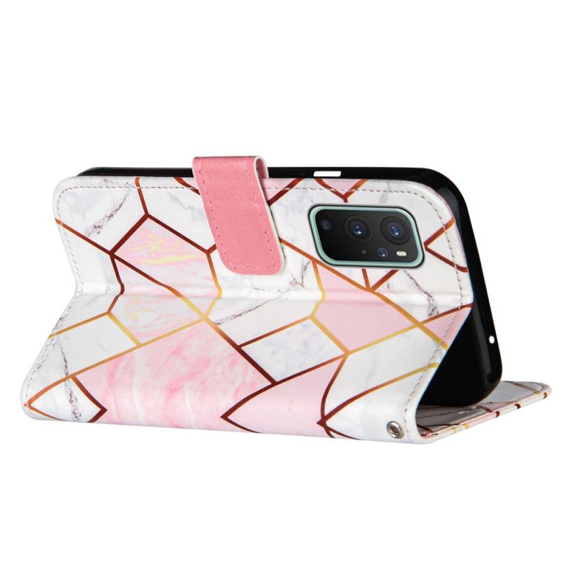 Lederhüllen OnePlus 9 Pro Pink Geometrischer Marmor Mit Armband