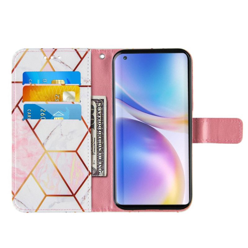 Lederhüllen OnePlus 9 Pro Pink Geometrischer Marmor Mit Armband