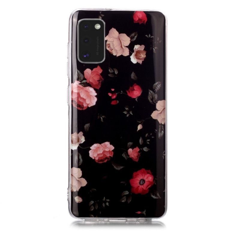 Hülle Samsung Galaxy A41 Schwarz Fluoreszierende Blumenserie