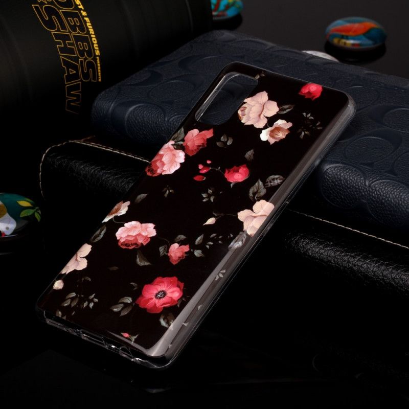 Hülle Samsung Galaxy A41 Schwarz Fluoreszierende Blumenserie