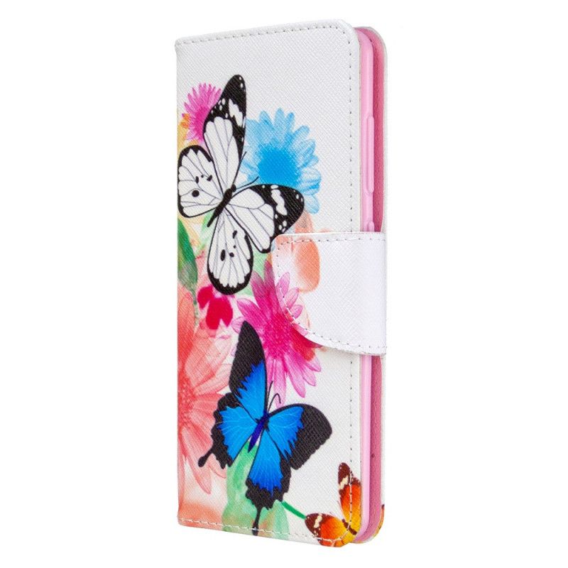 Lederhüllen Für Samsung Galaxy A41 Magenta Bemalte Schmetterlinge Und Blumen