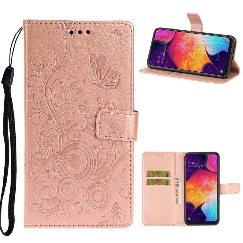 Lederhüllen Samsung Galaxy A41 Magenta Retro Schmetterlinge Und Blumen