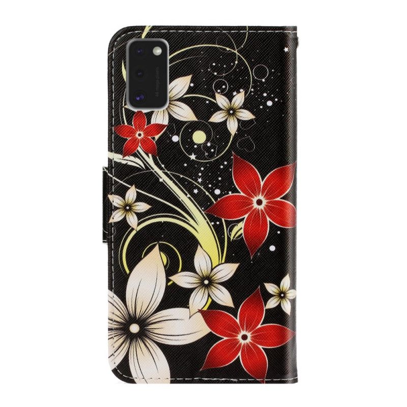 Lederhüllen Samsung Galaxy A41 Schwarz Bunte Blumen Mit Einem Riemen