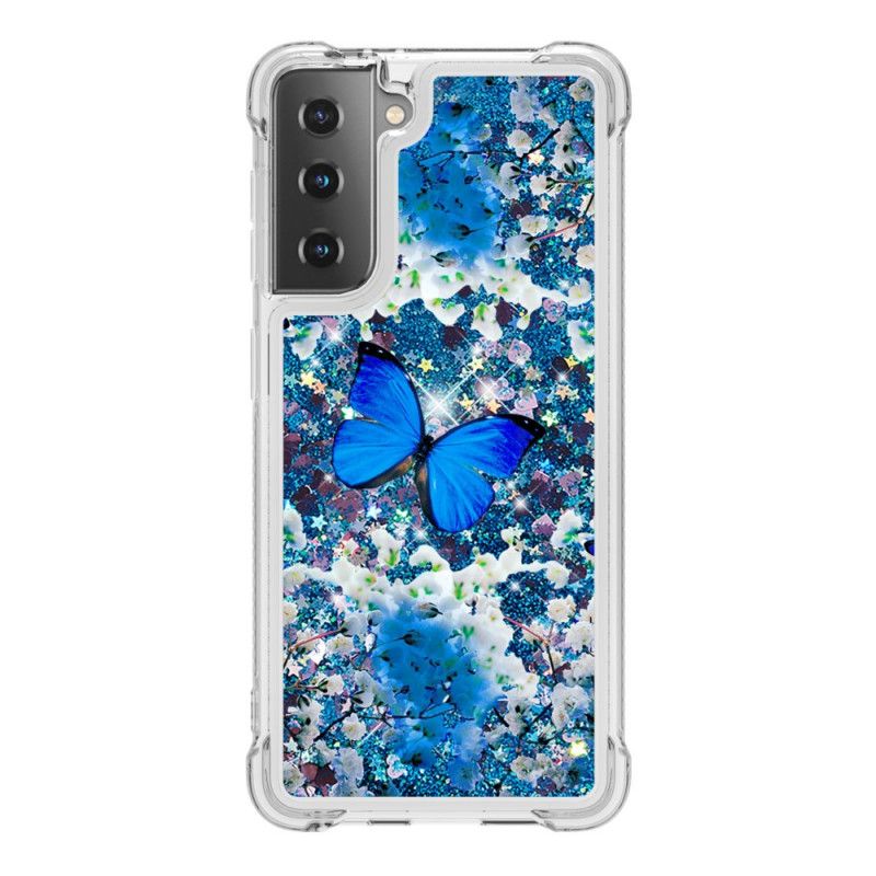 Hülle Für Samsung Galaxy S21 5G Blaue Glitzerschmetterlinge