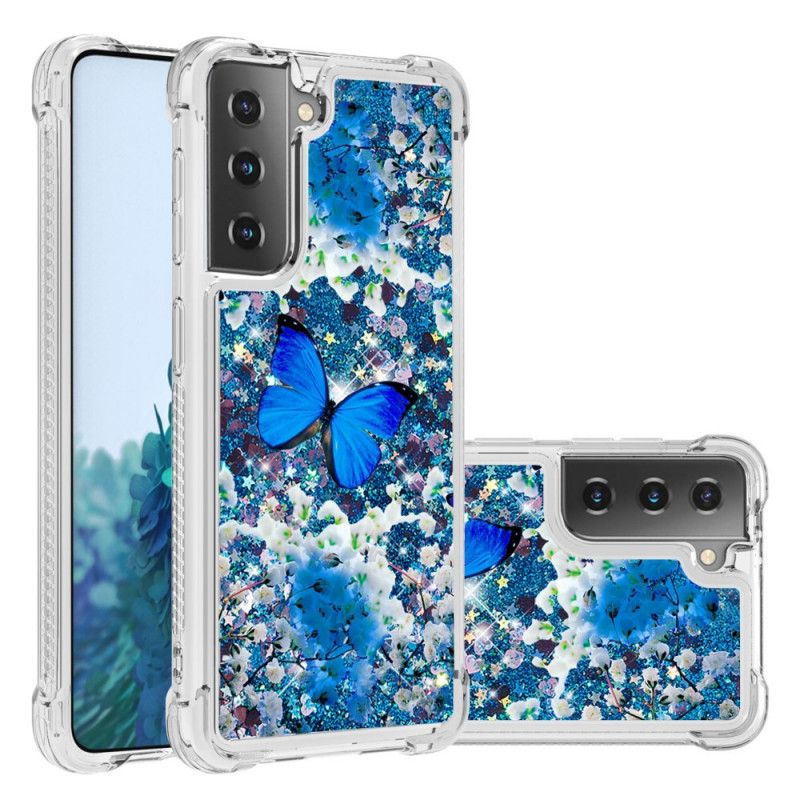 Hülle Für Samsung Galaxy S21 5G Blaue Glitzerschmetterlinge